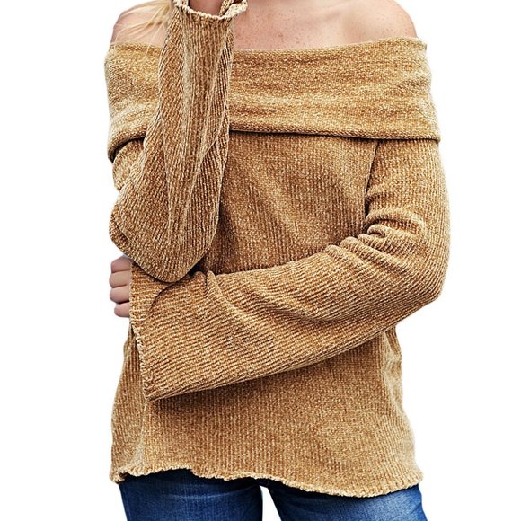 Chic Khaki Soft Velvet Knit Off Shoulder Sweater - Picture 2 of 6